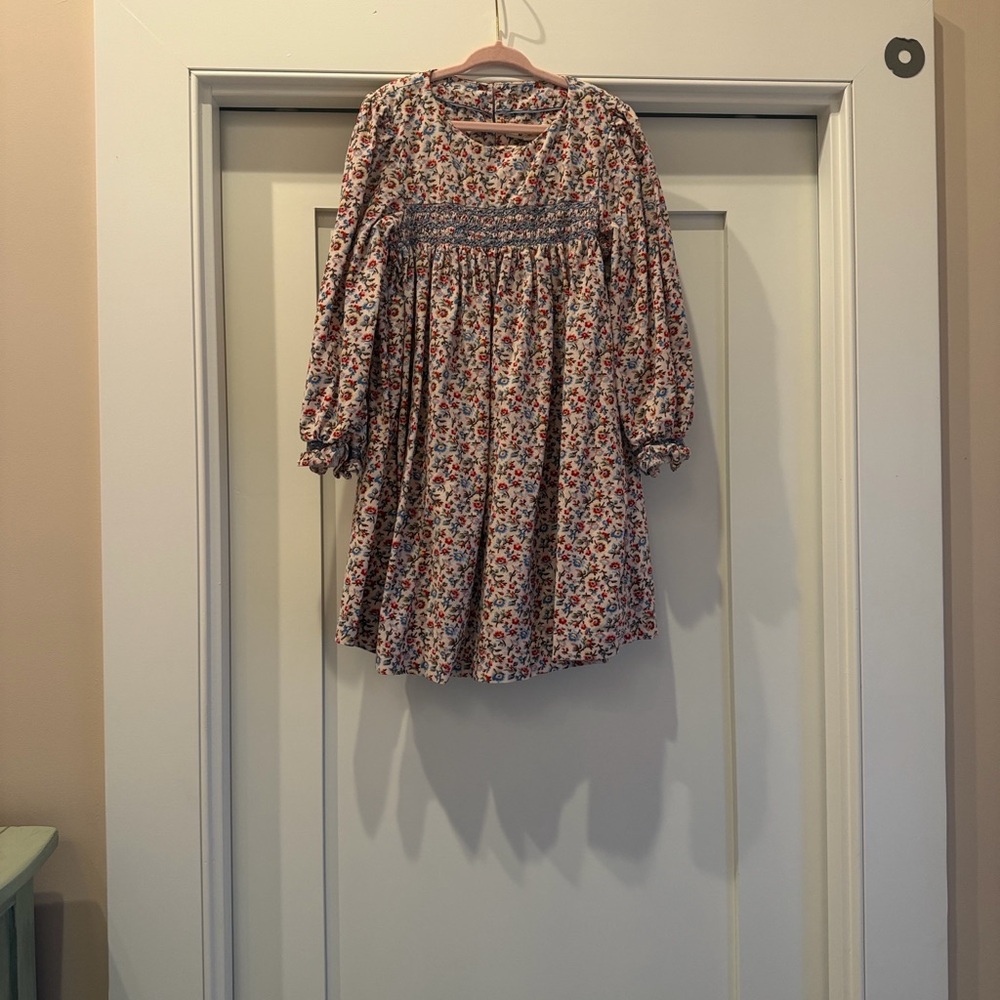 Mini Boden Cream Floral Smocked Long-Sleeve Dress